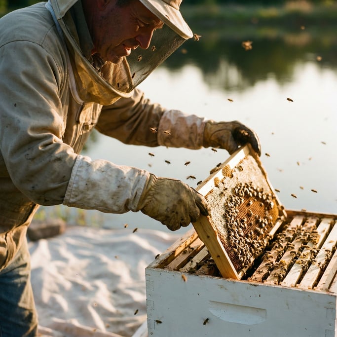 A beekeeper lifting a frame from a hive, bees in flight, mesh veil, golden afternoon light (cw4zqz4w)
