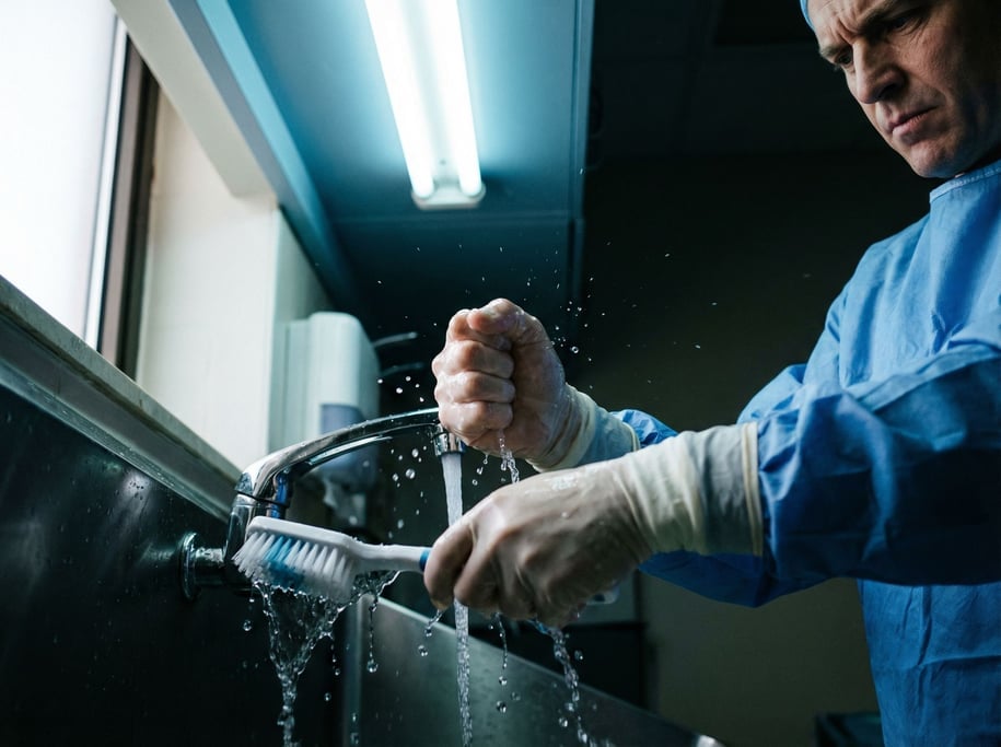 A surgeon scrubbing in, close-up on hands under water, sterile blue-tinted light (jddcwkf5)