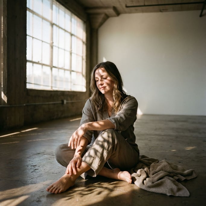 A woman meditating alone in an empty loft, cross-legged on bare concrete, single window light (qtwbptqe)