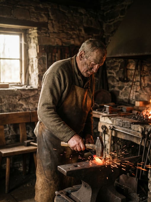 A blacksmith hammering red-hot steel, sparks flying in a dark forge, face lit by embers (tk1ewbtz)