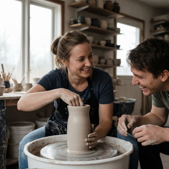 A potter pulling a tall vessel on the wheel, clay spinning, hands wet and precise (bn5gtlu)
