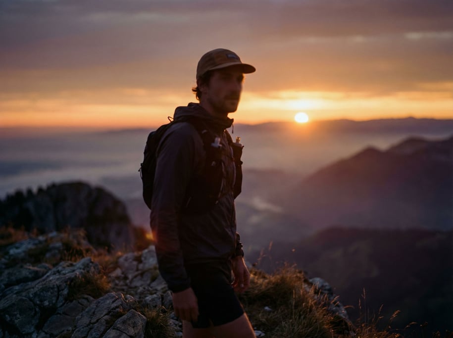 A trail runner cresting a ridge at sunrise, silhouette against a burning sky, solitary figure (jgssvpa)