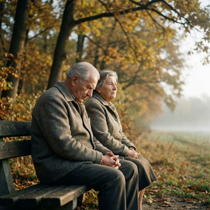 Two old friends sitting on a park bench, not talking, just existing together, autumn light (czcqqghj)