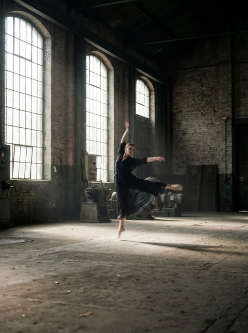 A dancer mid-movement in a raw industrial space, slight motion blur on extremities, core sharp (0rgrrwr)