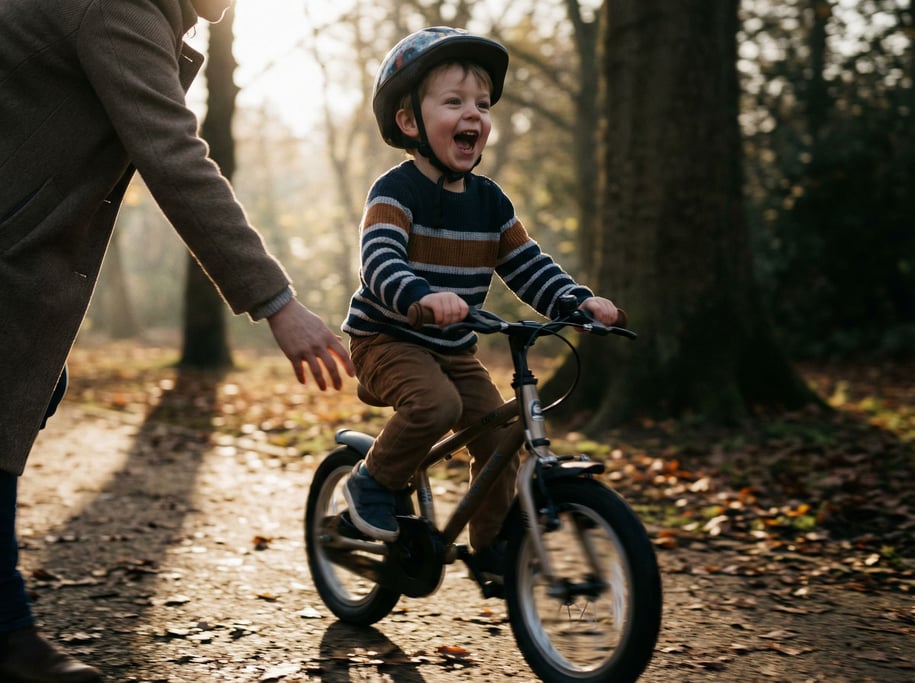 A child learning to ride a bike, parent's hand just letting go, park setting (hd)