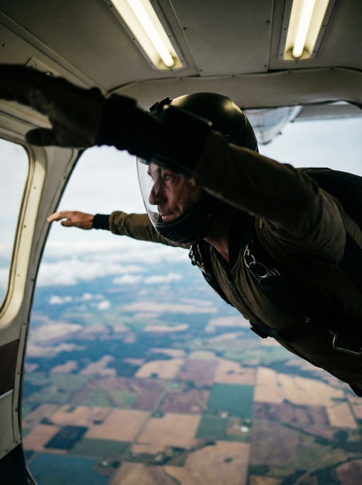 A skydiver in freefall, arms spread, earth a patchwork quilt far below, wind distorting cheeks (xcgbjacq)