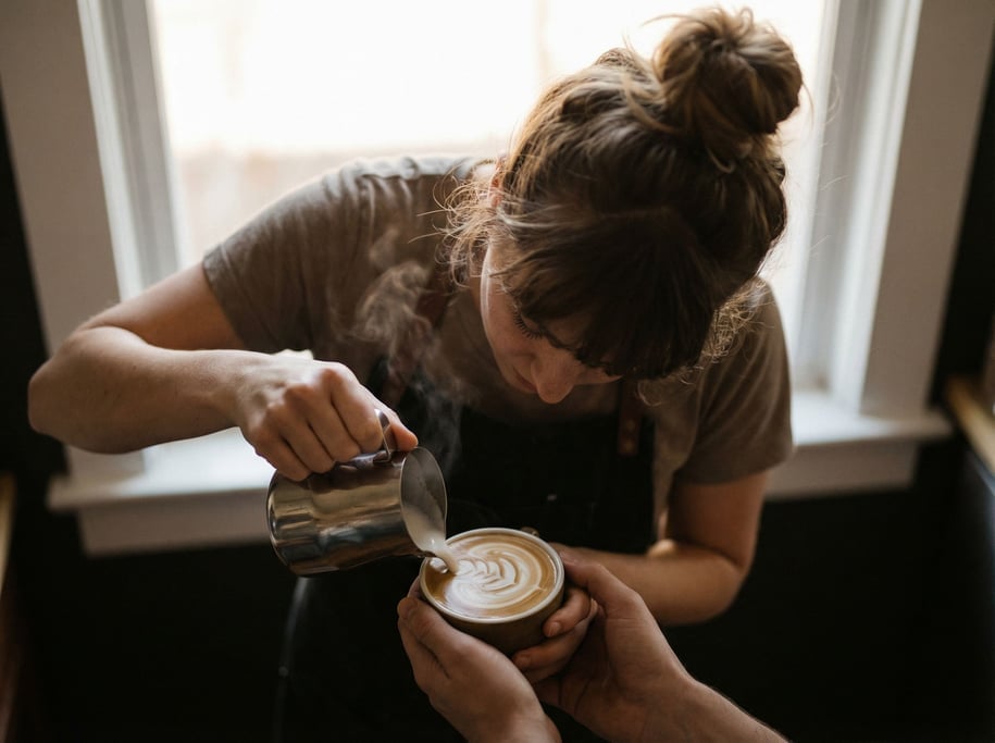 A barista pouring latte art, shot from above, steam and swirl patterns in the milk (kvzcztu7)