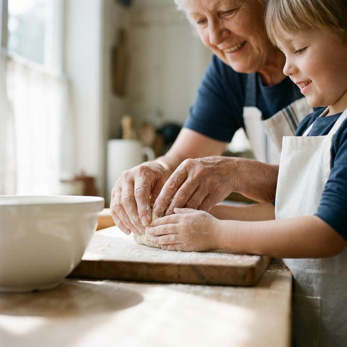 A grandmother teaching a child to knead bread dough, flour-dusted hands side by side, kitchen light (w7siqcq3)