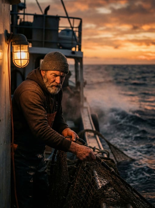 A deep-sea fisherman hauling nets at dawn, salt spray and orange sky, weathered face and hands (xitgqxhp)