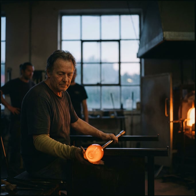 A glassblower shaping molten glass on a punty rod, face lit by the orange glow of the gather (0qbp1wnt)
