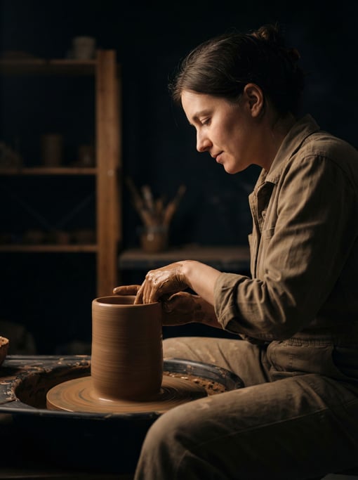 A potter pulling a tall vessel on the wheel, clay spinning, hands wet and precise (b2yltaj4)
