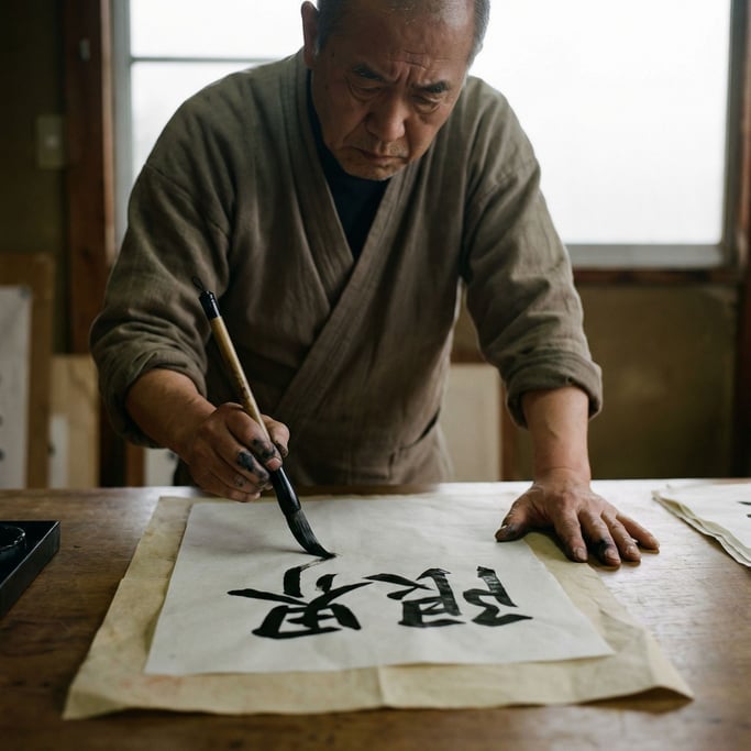 A calligrapher writing with a brush on rice paper, ink still wet, hand steady, deep focus (8mzeawku)
