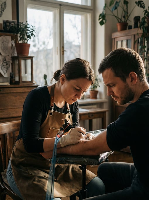 A tattoo artist at work, needle to skin, both faces in concentration (o5rzphbq)