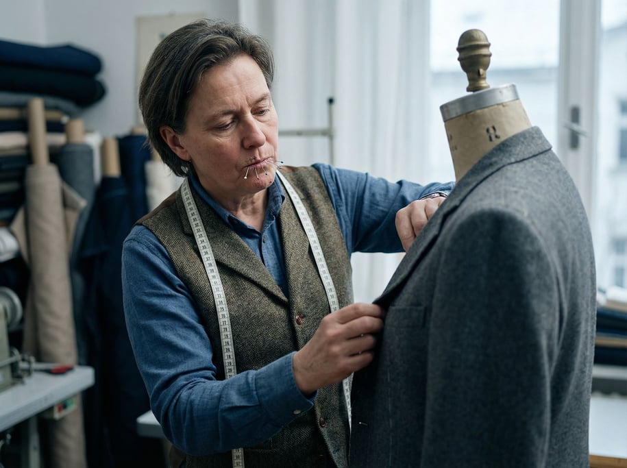A tailor fitting a suit on a mannequin, pins between lips, measuring tape draped over shoulders (okrxbxbx)