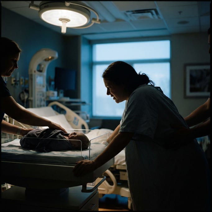 A midwife's calm hands guiding a newborn, intimate hospital room, soft overhead light (de4fl4nw)