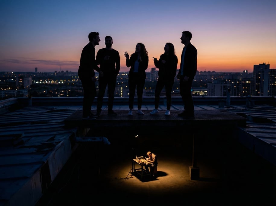 A group of friends on a rooftop at dusk, silhouetted against the skyline, laughing (12cduj0)