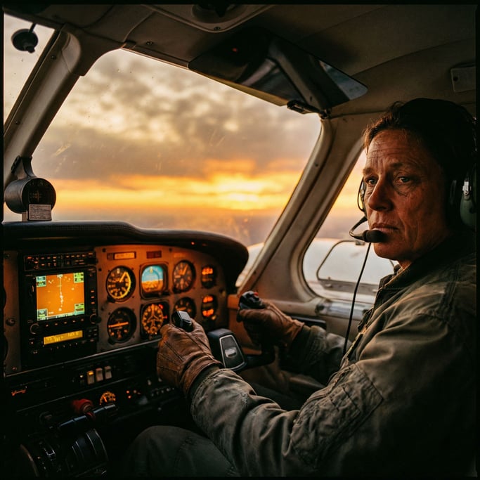 A pilot in the cockpit during golden hour, instrument panel glow on face (y0swulfi)