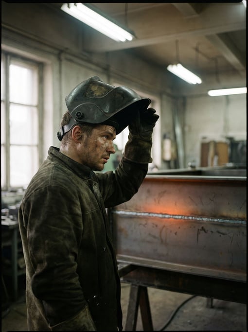 A welder lifting their mask, face sweaty and lit by the cooling orange glow of fresh metal (vjazfy)