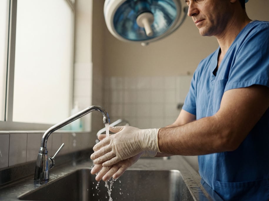 A surgeon scrubbing in, close-up on hands under water, sterile blue-tinted light (mg4d0fk)