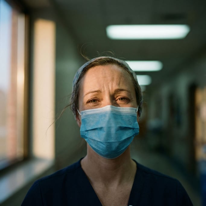 A nurse changing shift, exhausted eyes above a surgical mask, fluorescent hallway behind (9qm067vq)