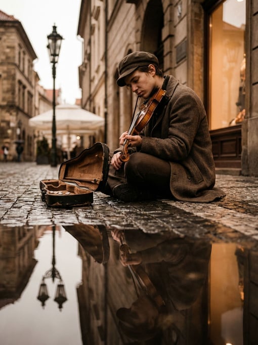 A young musician busking with a violin on a rainy European sidewalk, case open, puddle reflections (p)