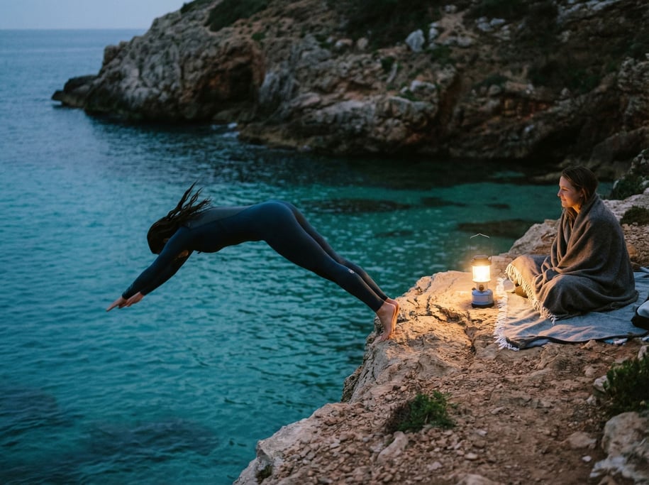 A woman diving off a cliff into turquoise water, body arched, hair trailing, time frozen (vowgwznf)