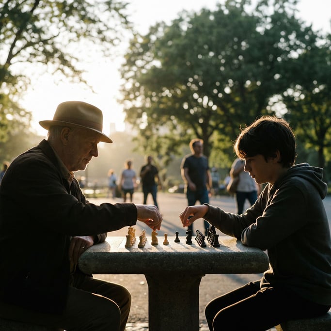Two chess players in a park, elder vs youth, hands hovering over pieces, onlookers blurred behind (ib60mbyq)