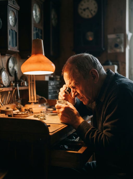 A watchmaker examining a movement through a loupe, single desk lamp, everything else in shadow (kyhnup8)