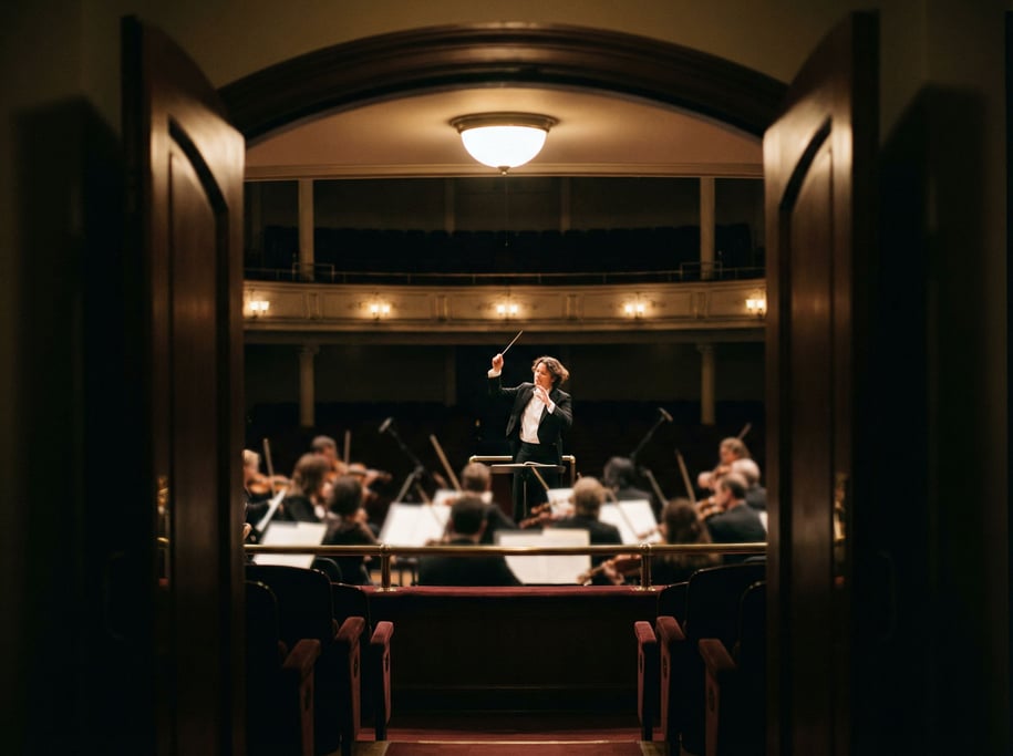 A conductor mid-gesture, baton frozen at the peak, orchestra blurred below, concert hall light (lsexfvfp)