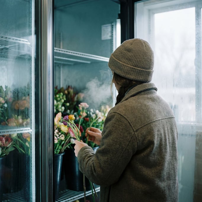 A florist arranging stems by color in a cool walk-in cooler, breath visible, cold blue light (fim572os)