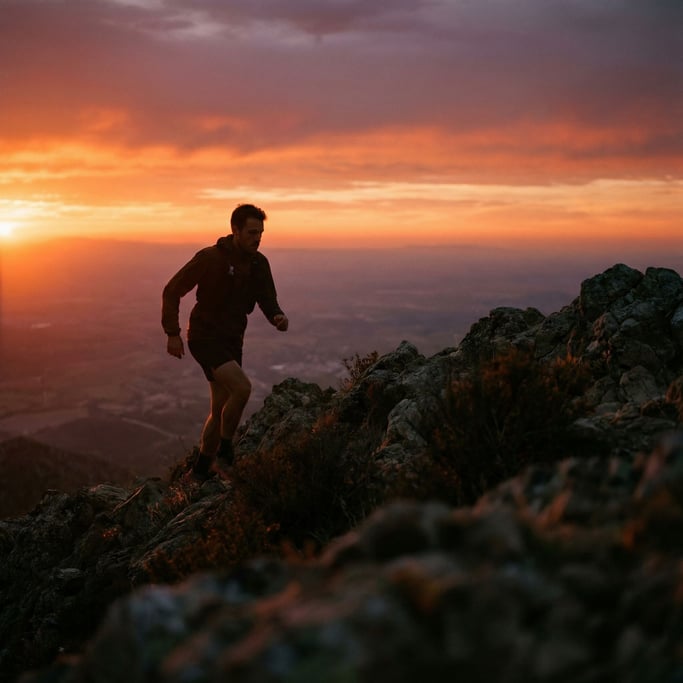 A trail runner cresting a ridge at sunrise, silhouette against a burning sky, solitary figure (ekcolnqs)