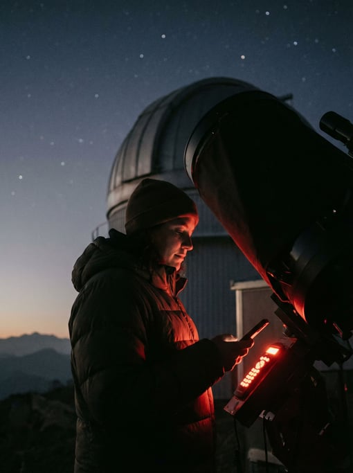 An astronomer at a telescope in a mountaintop observatory, red light preserving night vision (fgwlaj7n)