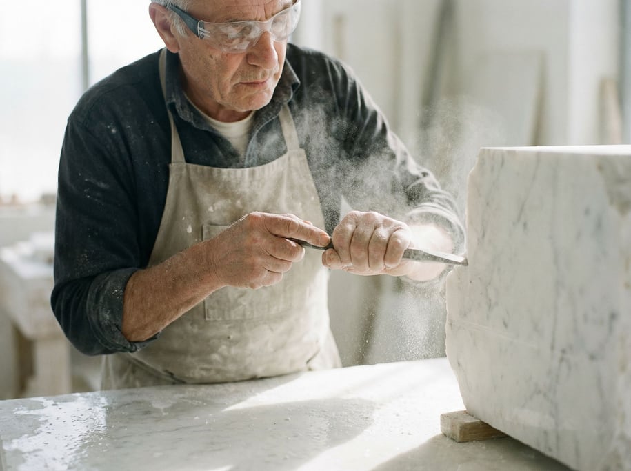 A sculptor chiseling marble, dust cloud around the chisel point, protective goggles, focused jaw (srduyjuo)