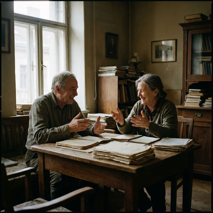 Two colleagues in animated conversation across a table, hands gesturing, papers between them (dwi0xhxr)