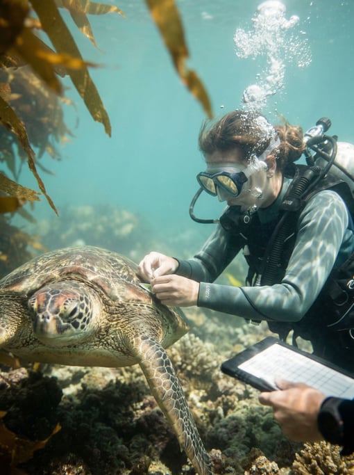 A marine biologist underwater tagging a sea turtle, bubbles rising, aquamarine ambient light (pfqfw)