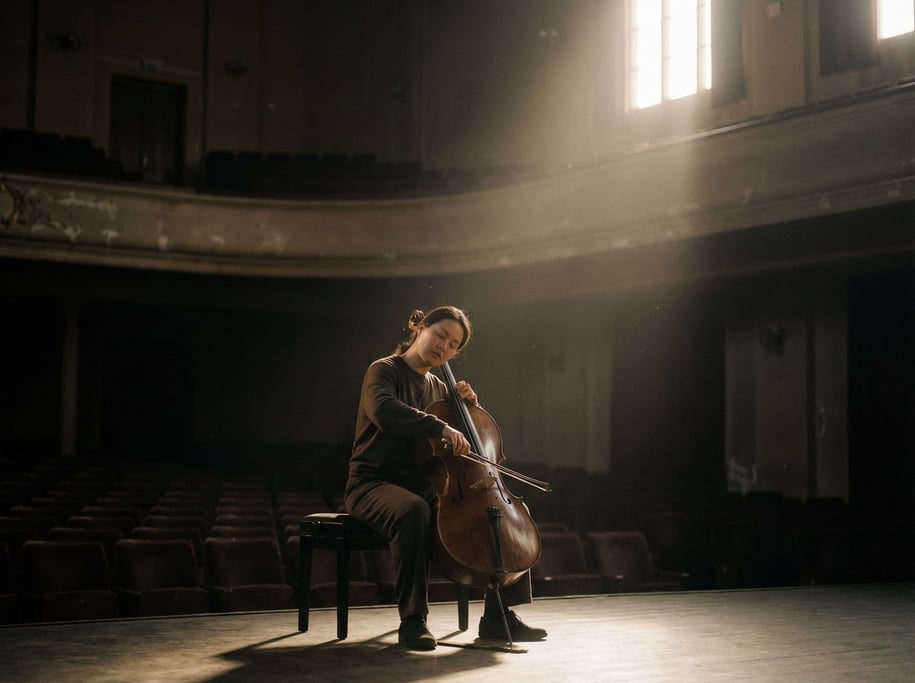 A cello player practicing alone in an empty concert hall, single spotlight, vast dark space around (oqn7svrx)