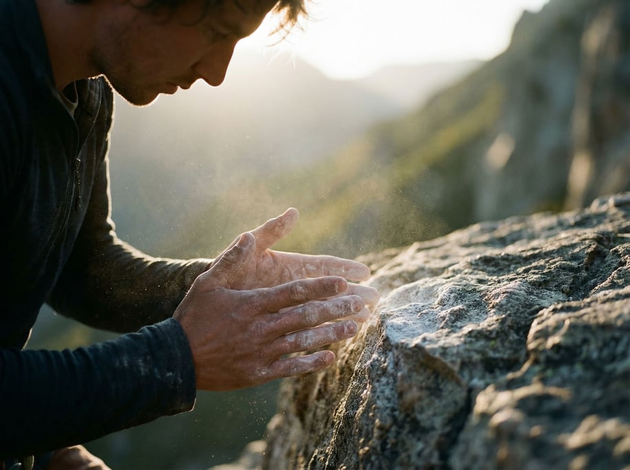 A climber chalking their hands before a route, close-up on the texture of chalk and skin (qbjq4ocw)