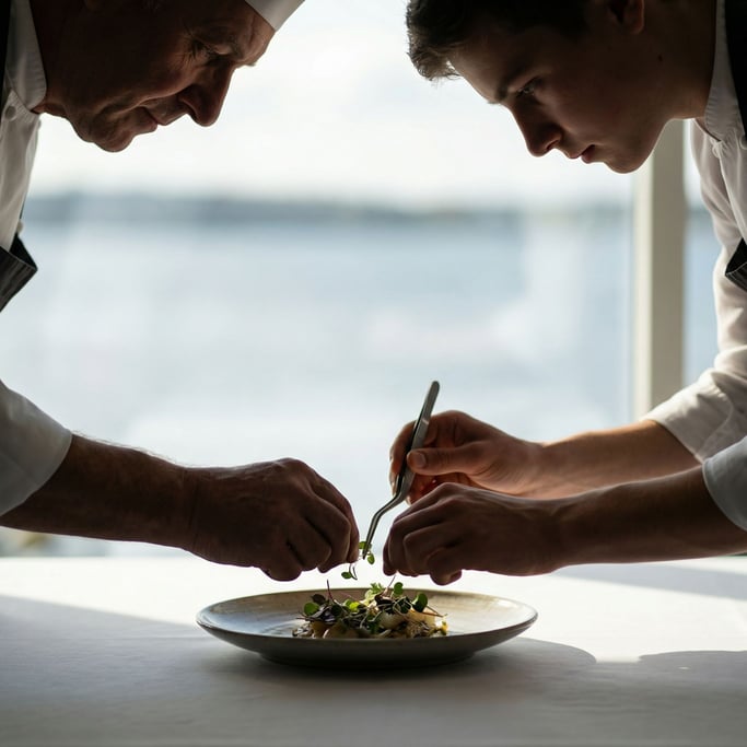 A chef's hands plating a dish with intense focus, shallow depth of field on the fingertips and food (zc66levr)