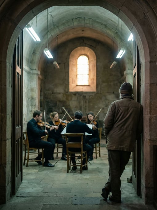 A string quartet mid-performance in a stone chapel, bows moving in unison, available light only (dzmptnzx)