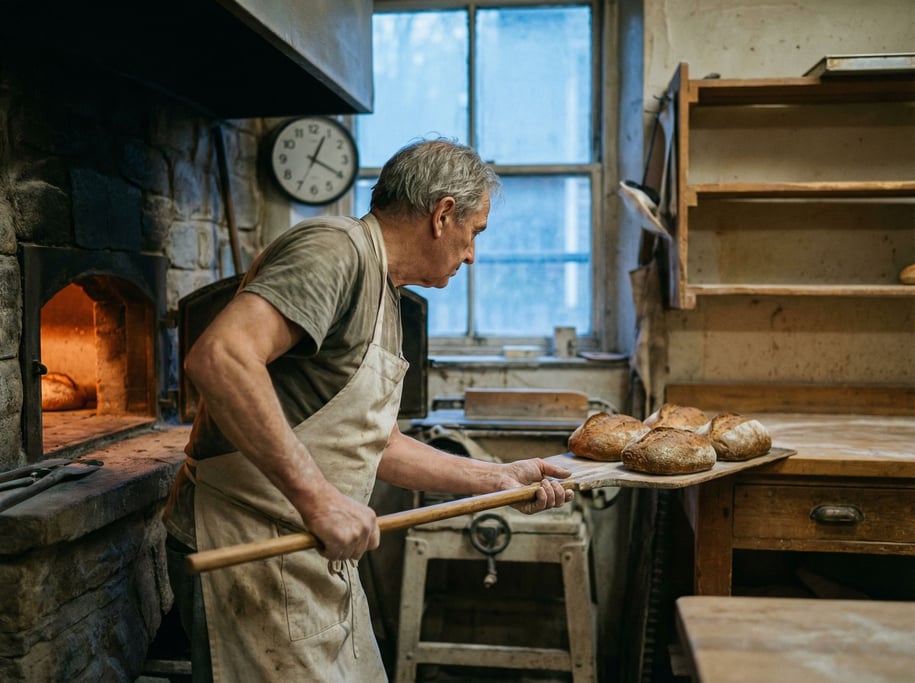 A night-shift baker pulling bread from a stone oven, face lit by the oven glow, 3 AM silence (vyelsz7l)