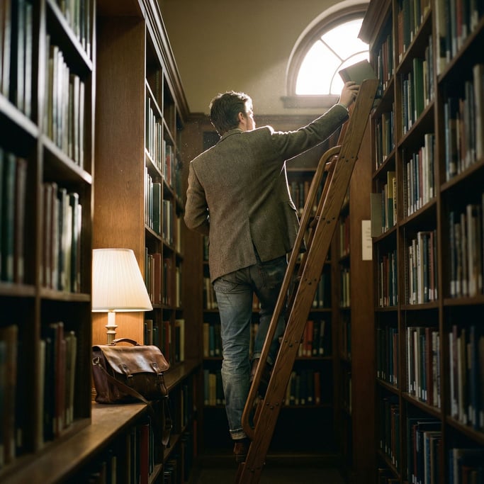 A librarian shelving books on a rolling ladder, reaching high (2guqunxr)
