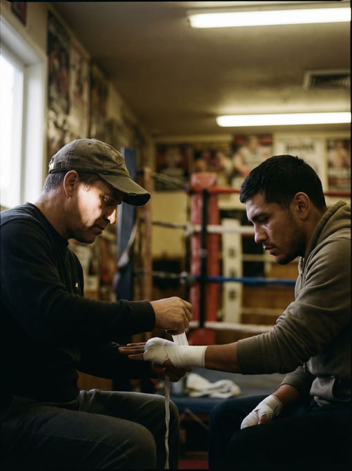 A boxing trainer wrapping a fighter's hands before a bout, both focused, gym fluorescents overhead (jwxgwq2r)
