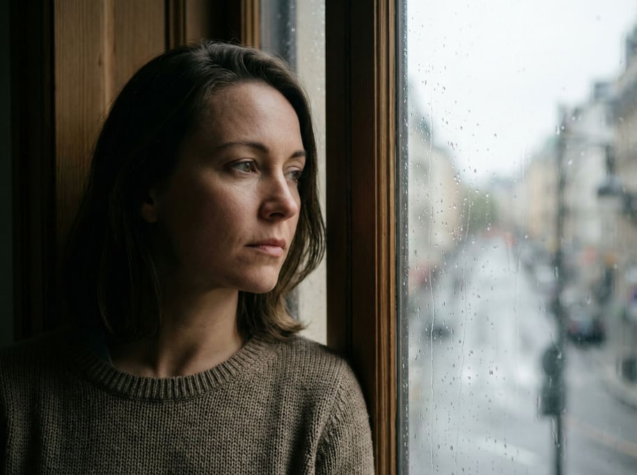 A woman in her 30s deep in thought at a window, face half-lit, rain streaking the glass beside her (3eekw76n)