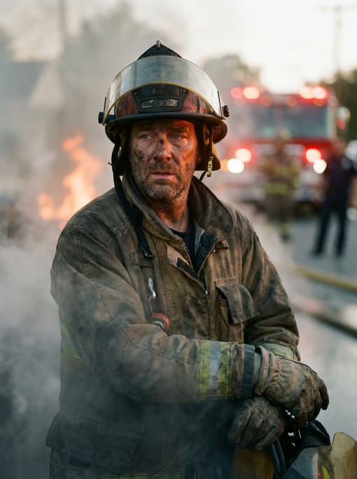 A firefighter emerging from smoke, helmet visor up, soot on face, red truck lights behind (ssorc183)