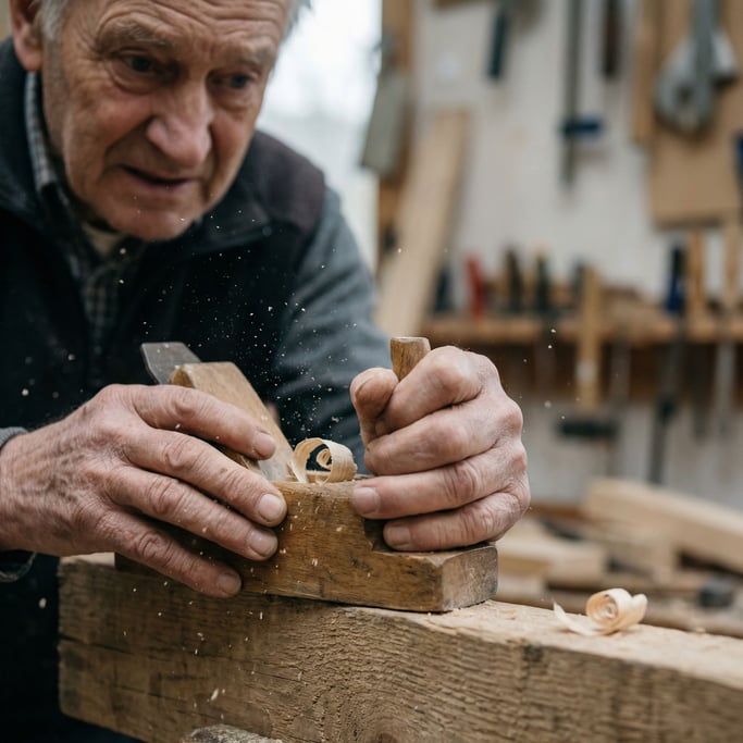 An elderly craftsman's weathered hands shaping wood with a hand plane, sawdust in the air (gd3ffjr)