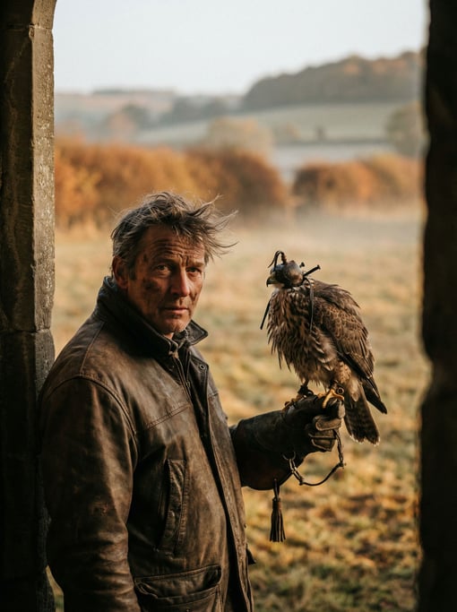 A falconer with a hawk perched on a leather glove, eye contact between human and bird, misty field (m4vjaojv)