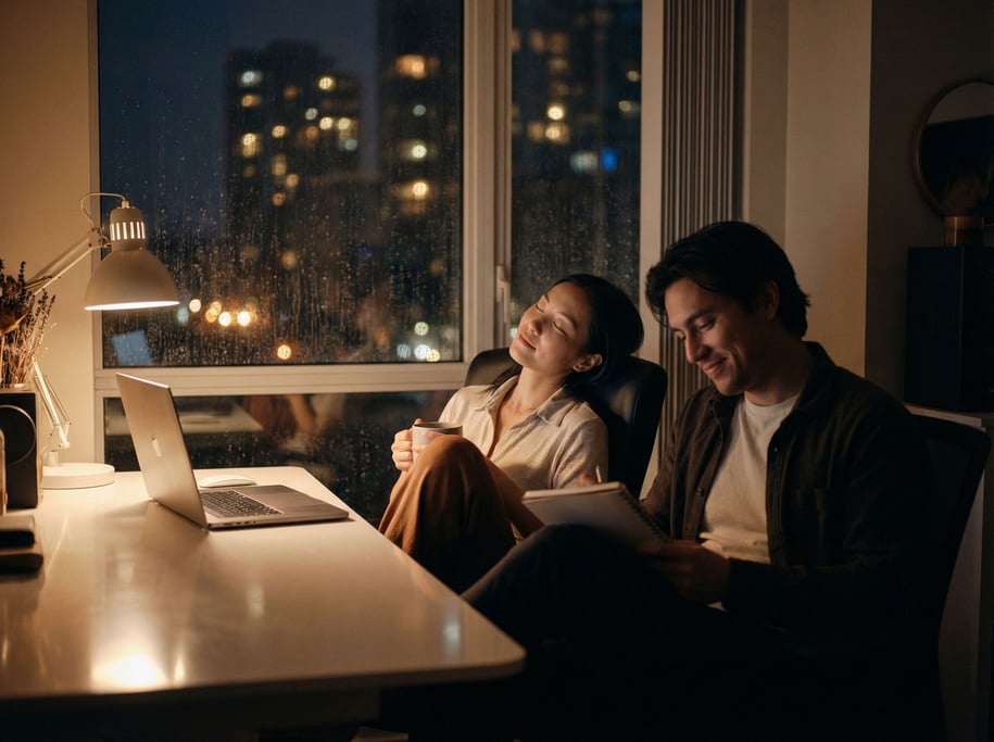 Two people working late, soft screen glow on their faces, city lights through the window behind (mogov6ax)