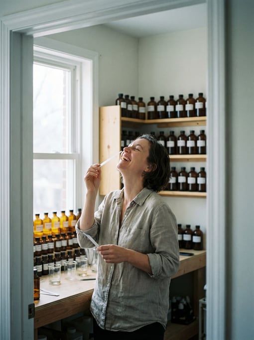 A perfumer smelling blotter strips, eyes closed in concentration, rows of essence bottles behind (u19dcds)