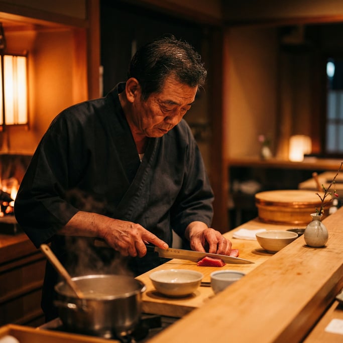 A sushi chef slicing fish with a yanagiba knife, precise angle, clean counter, zen focus (y9)