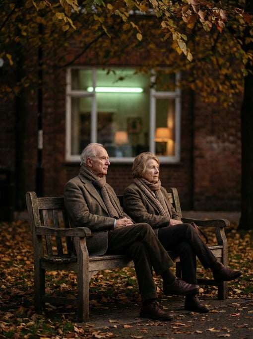 Two old friends sitting on a park bench, not talking, just existing together, autumn light (cpbicm0q)